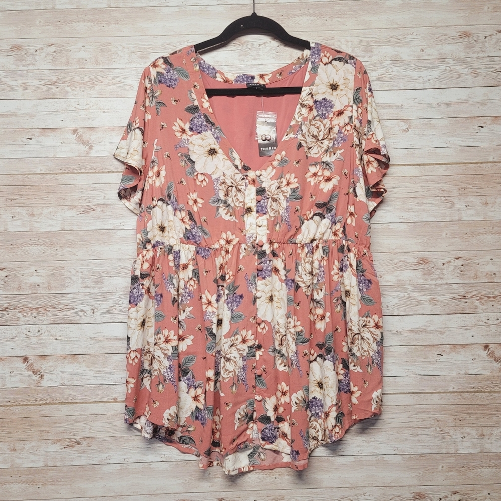 Torrid Dusty rose floral challis button babydoll top